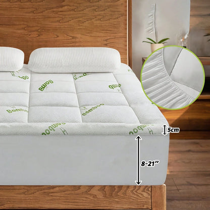 Cool Bamboo Mattress Topper- Breathable Bamboo Fiber & Microfiber Fill, 8-21" Deep Pocket Bed Cover With Green Quilted Design Soft Plush Noiseless Alternative Fill