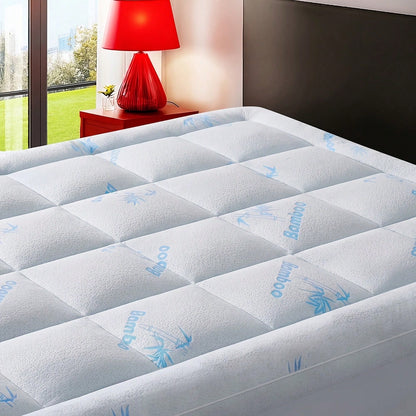 Cool Bamboo Mattress Topper- Breathable Bamboo Fiber & Microfiber Fill, 8-21" Deep Pocket Bed Cover With Green Quilted Design Soft Plush Noiseless Alternative Fill