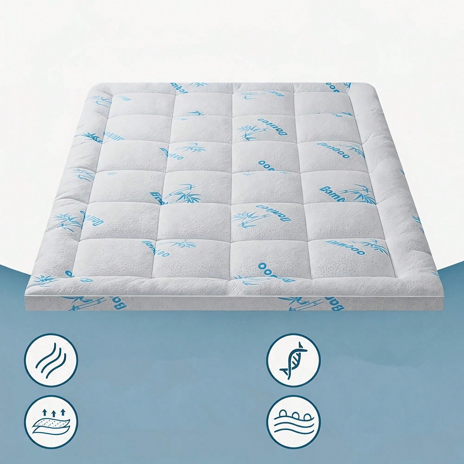 Cool Bamboo Mattress Topper- Breathable Bamboo Fiber & Microfiber Fill, 8-21" Deep Pocket Bed Cover With Green Quilted Design Soft Plush Noiseless Alternative Fill