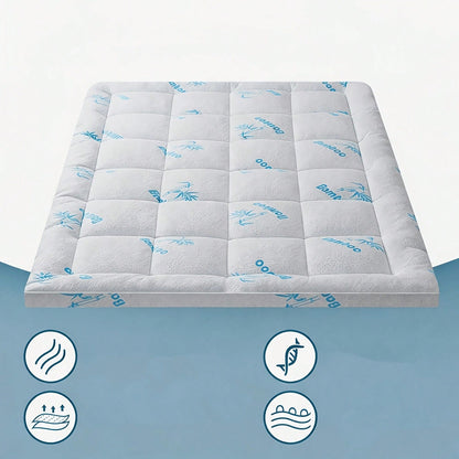 Cool Bamboo Mattress Topper- Breathable Bamboo Fiber & Microfiber Fill, 8-21" Deep Pocket Bed Cover With Green Quilted Design Soft Plush Noiseless Alternative Fill