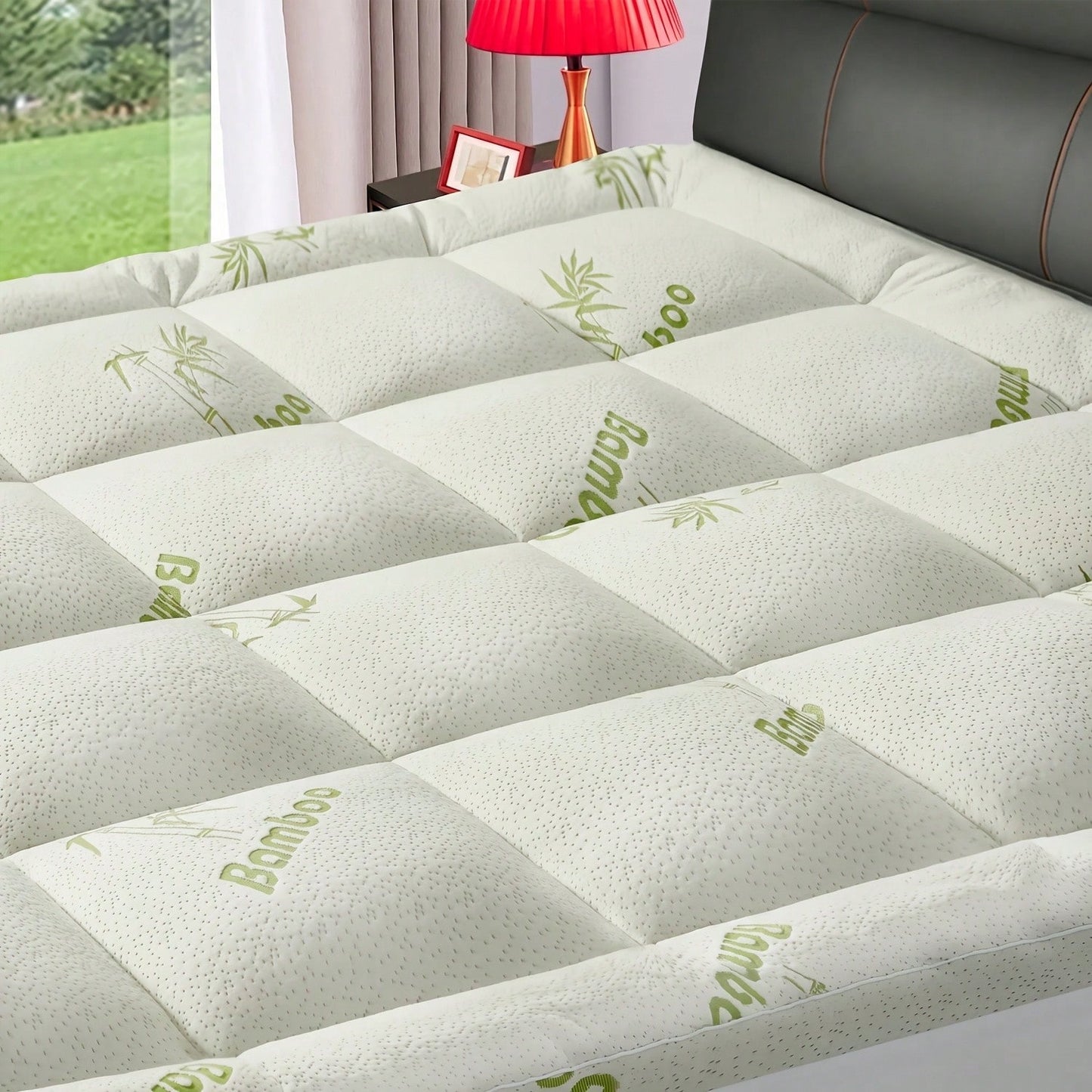 Cool Bamboo Mattress Topper- Breathable Bamboo Fiber & Microfiber Fill, 8-21" Deep Pocket Bed Cover With Green Quilted Design Soft Plush Noiseless Alternative Fill