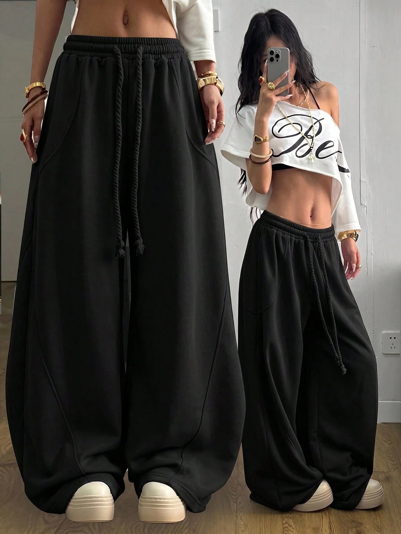 Coolane Women's Fall/Winter Streetwear Going Out Break Oversized Elastic Waistband Comfortable Scimitar Black Pants