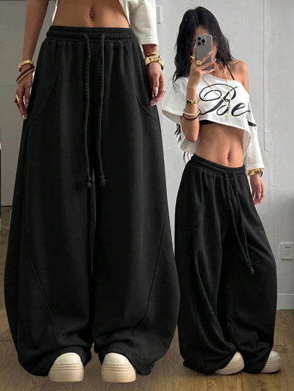 Coolane Women's Fall/Winter Streetwear Going Out Break Oversized Elastic Waistband Comfortable Scimitar Black Pants