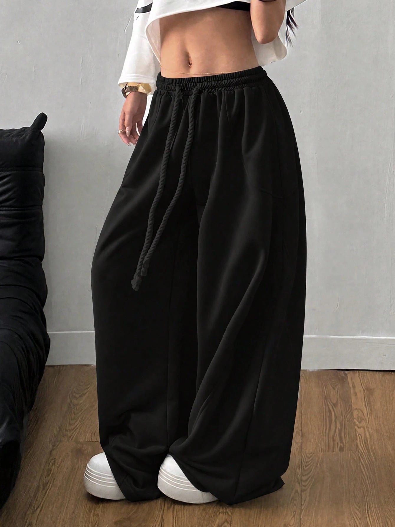 Coolane Women's Fall/Winter Streetwear Going Out Break Oversized Elastic Waistband Comfortable Scimitar Black Pants