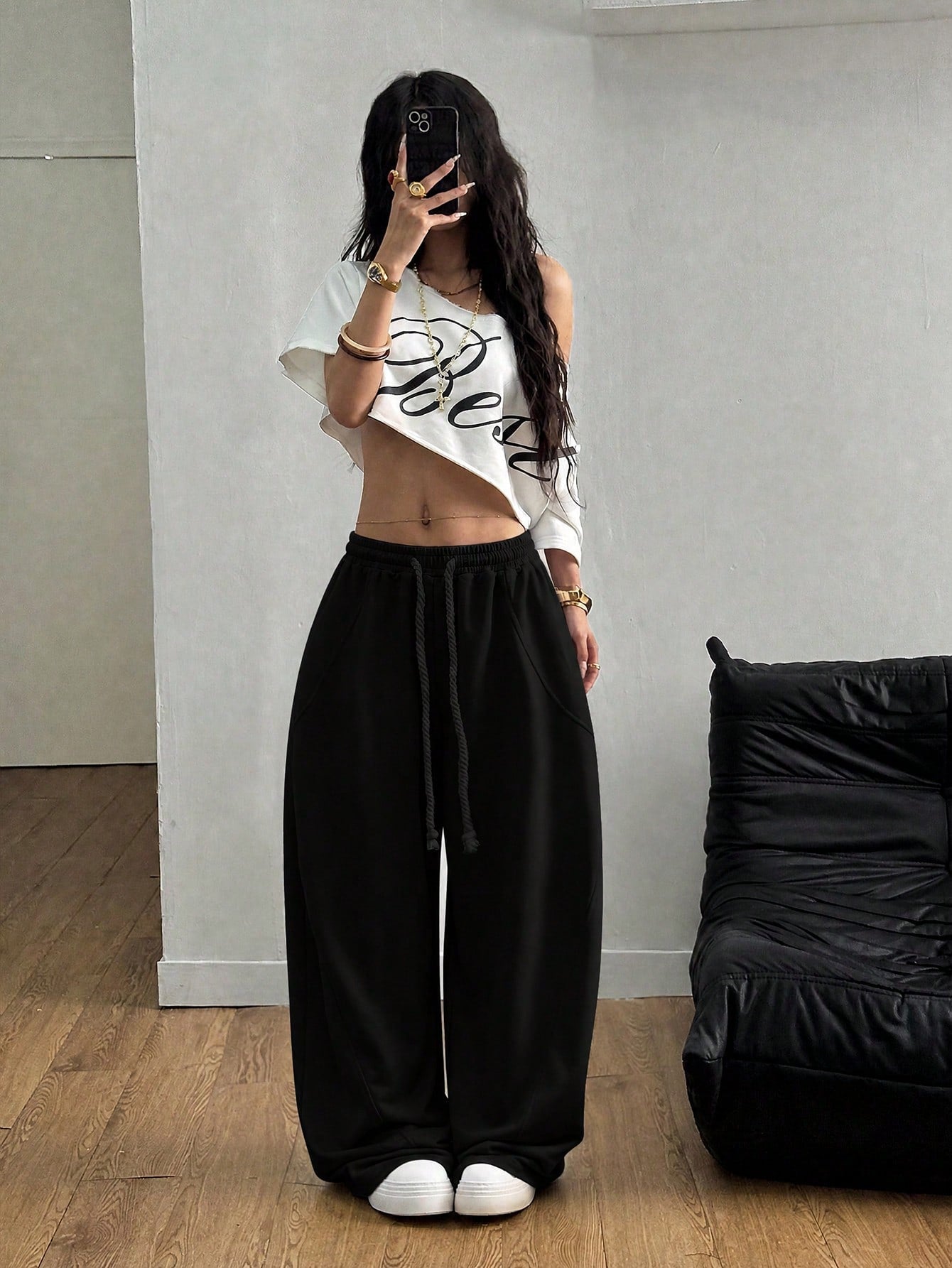 Coolane Women's Fall/Winter Streetwear Going Out Break Oversized Elastic Waistband Comfortable Scimitar Black Pants