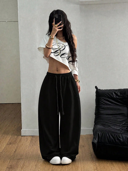 Coolane Women's Fall/Winter Streetwear Going Out Break Oversized Elastic Waistband Comfortable Scimitar Black Pants
