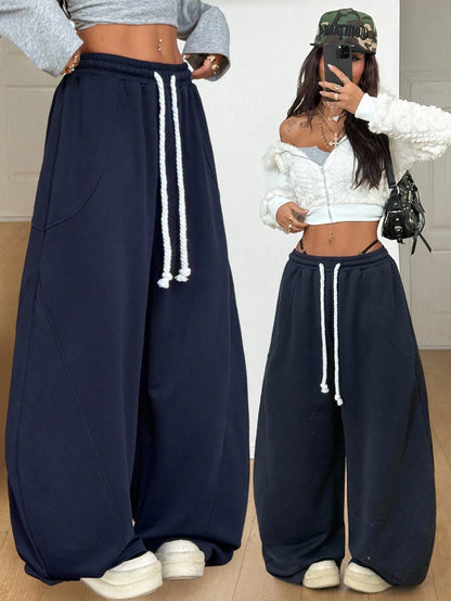 Coolane Women's Fall/Winter Streetwear Going Out Break Oversized Elastic Waistband Comfortable Scimitar Black Pants