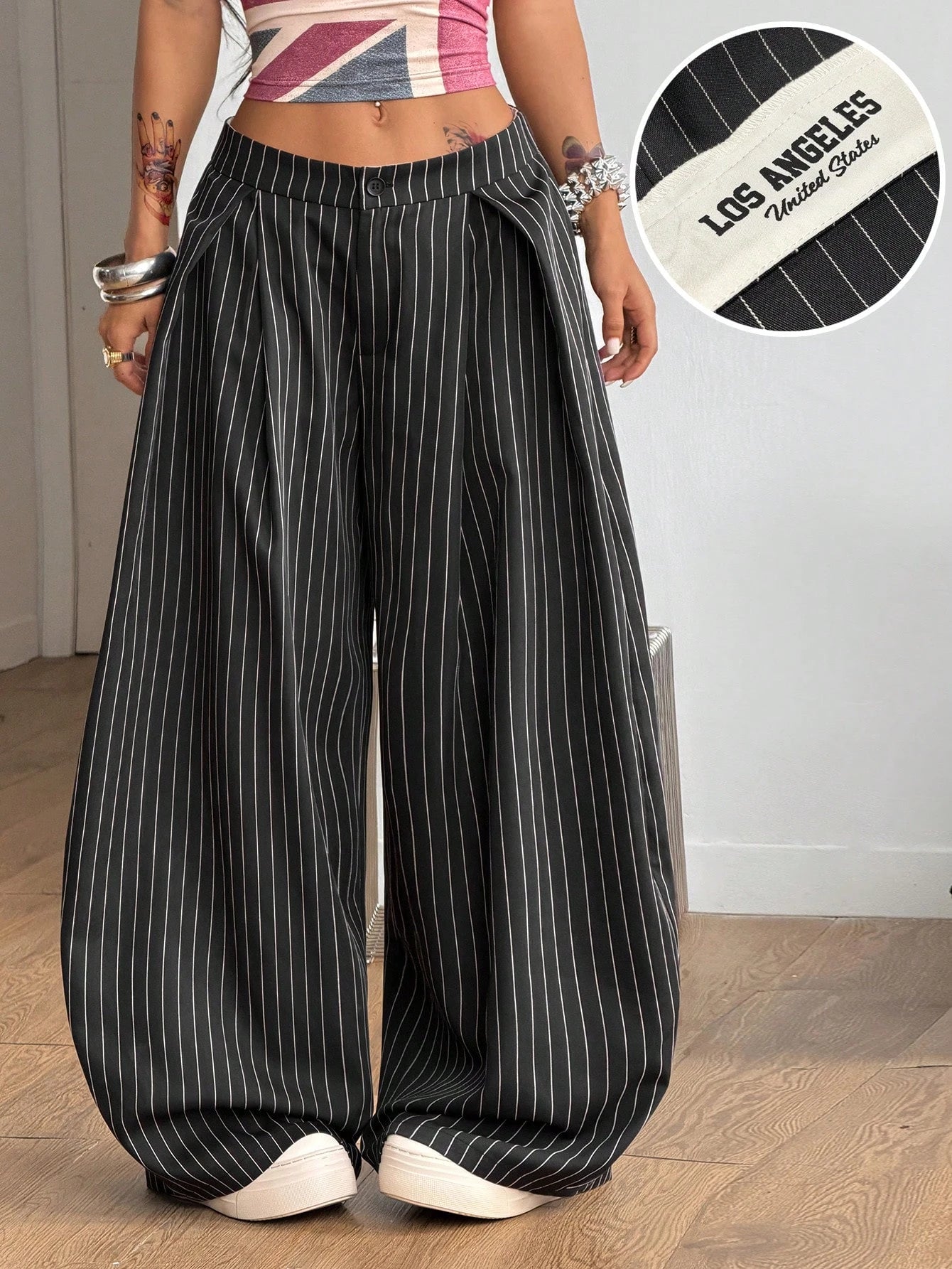 Coolane Women's Oversized Punk 90s Y2k 2000s 70s Casual Autumn Trousers Black And White Striped Checkered Graphic Loose Fit Tailored Pants Back-To-School