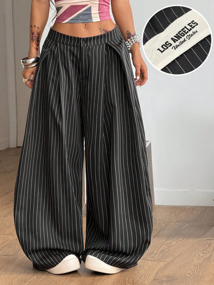 Coolane Women's Oversized Punk 90s Y2k 2000s 70s Casual Autumn Trousers Black And White Striped Checkered Graphic Loose Fit Tailored Pants Back-To-School