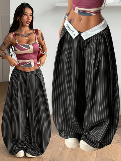Coolane Women's Oversized Punk 90s Y2k 2000s 70s Casual Autumn Trousers Black And White Striped Checkered Graphic Loose Fit Tailored Pants Back-To-School