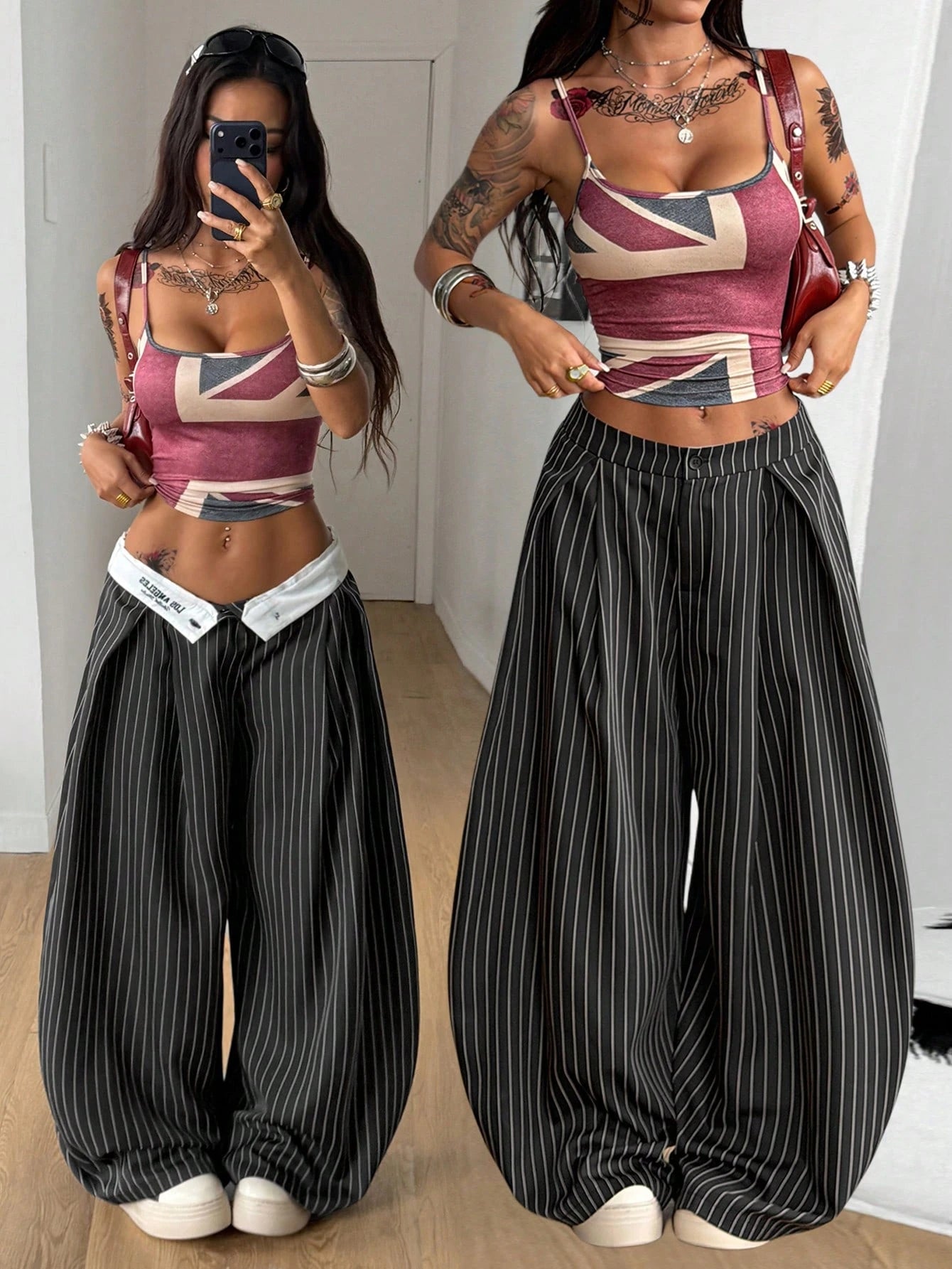 Coolane Women's Oversized Punk 90s Y2k 2000s 70s Casual Autumn Trousers Black And White Striped Checkered Graphic Loose Fit Tailored Pants Back-To-School
