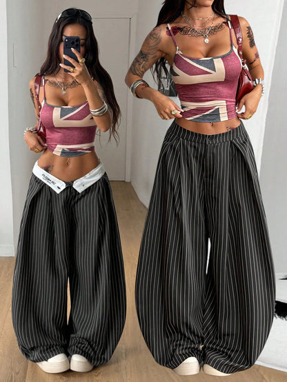 Coolane Women's Oversized Punk 90s Y2k 2000s 70s Casual Autumn Trousers Black And White Striped Checkered Graphic Loose Fit Tailored Pants Back-To-School
