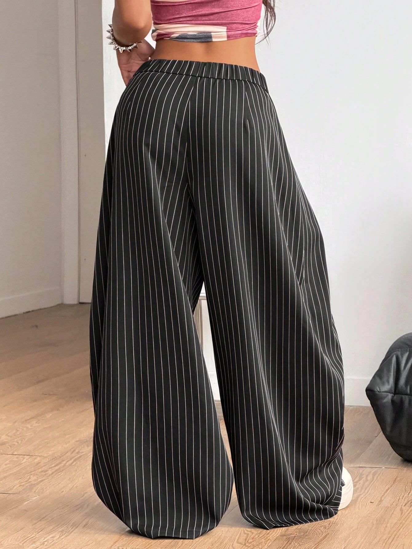 Coolane Women's Oversized Punk 90s Y2k 2000s 70s Casual Autumn Trousers Black And White Striped Checkered Graphic Loose Fit Tailored Pants Back-To-School
