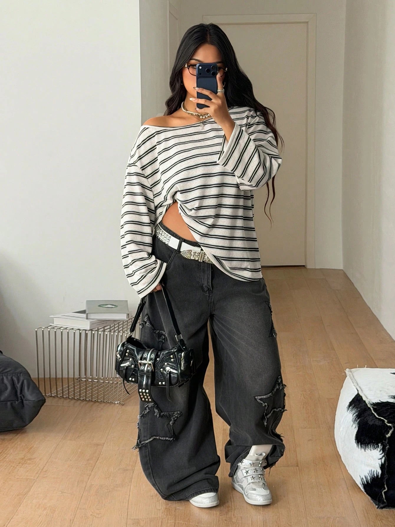 Coolane Women's Plus Size Summer Fall Streetwear Y2K Comfortable Oversize Black And White Stripe Asymmetrical Neck Knit Open Shoulder Long Sleeve T-Shirt