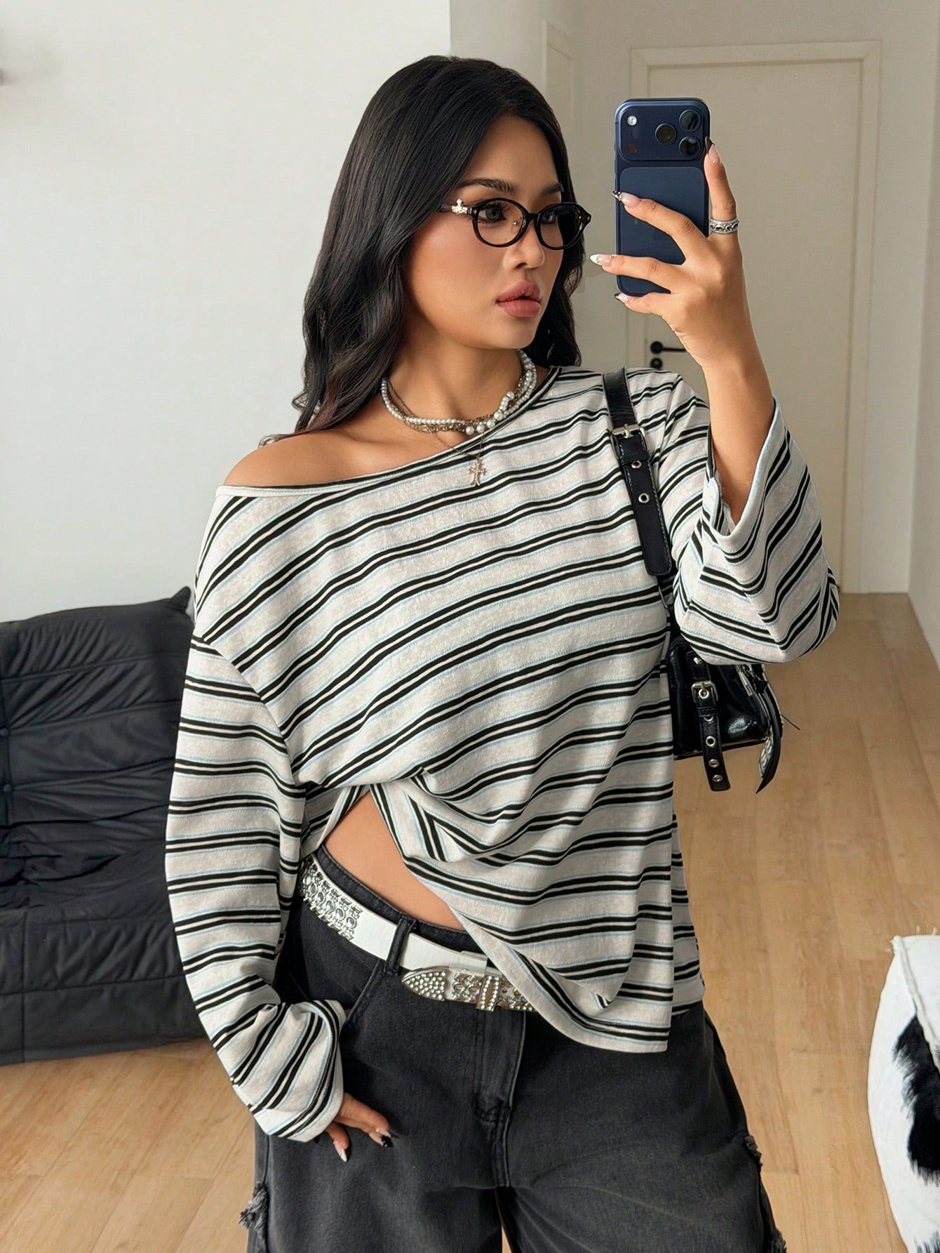 Coolane Women's Plus Size Summer Fall Streetwear Y2K Comfortable Oversize Black And White Stripe Asymmetrical Neck Knit Open Shoulder Long Sleeve T-Shirt