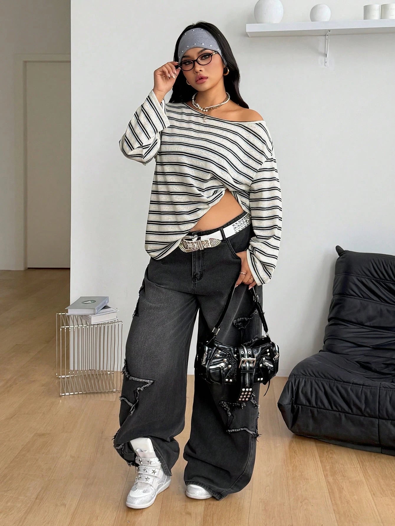 Coolane Women's Plus Size Summer Fall Streetwear Y2K Comfortable Oversize Black And White Stripe Asymmetrical Neck Knit Open Shoulder Long Sleeve T-Shirt
