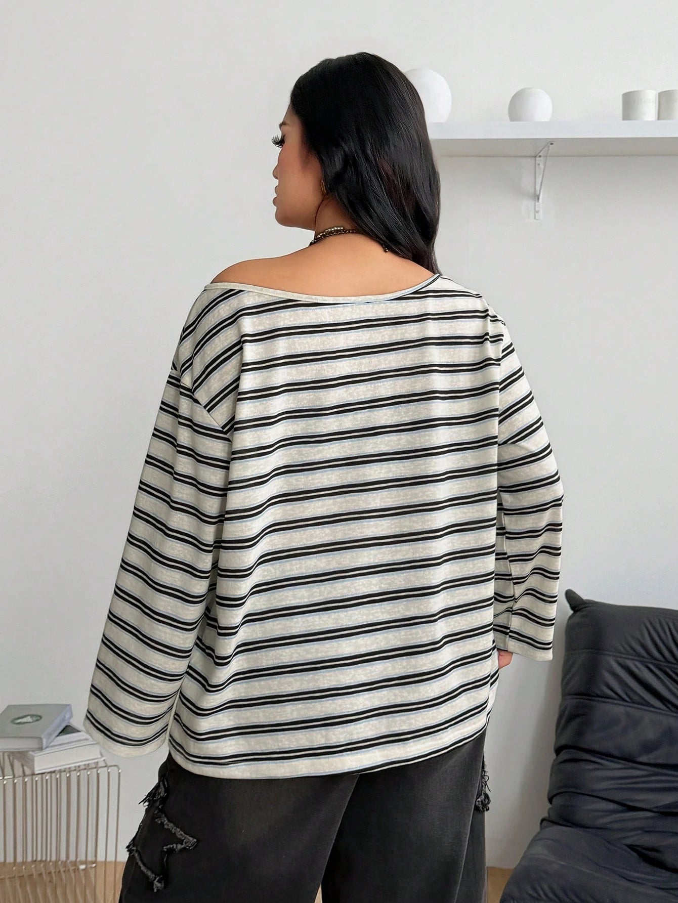Coolane Women's Plus Size Summer Fall Streetwear Y2K Comfortable Oversize Black And White Stripe Asymmetrical Neck Knit Open Shoulder Long Sleeve T-Shirt