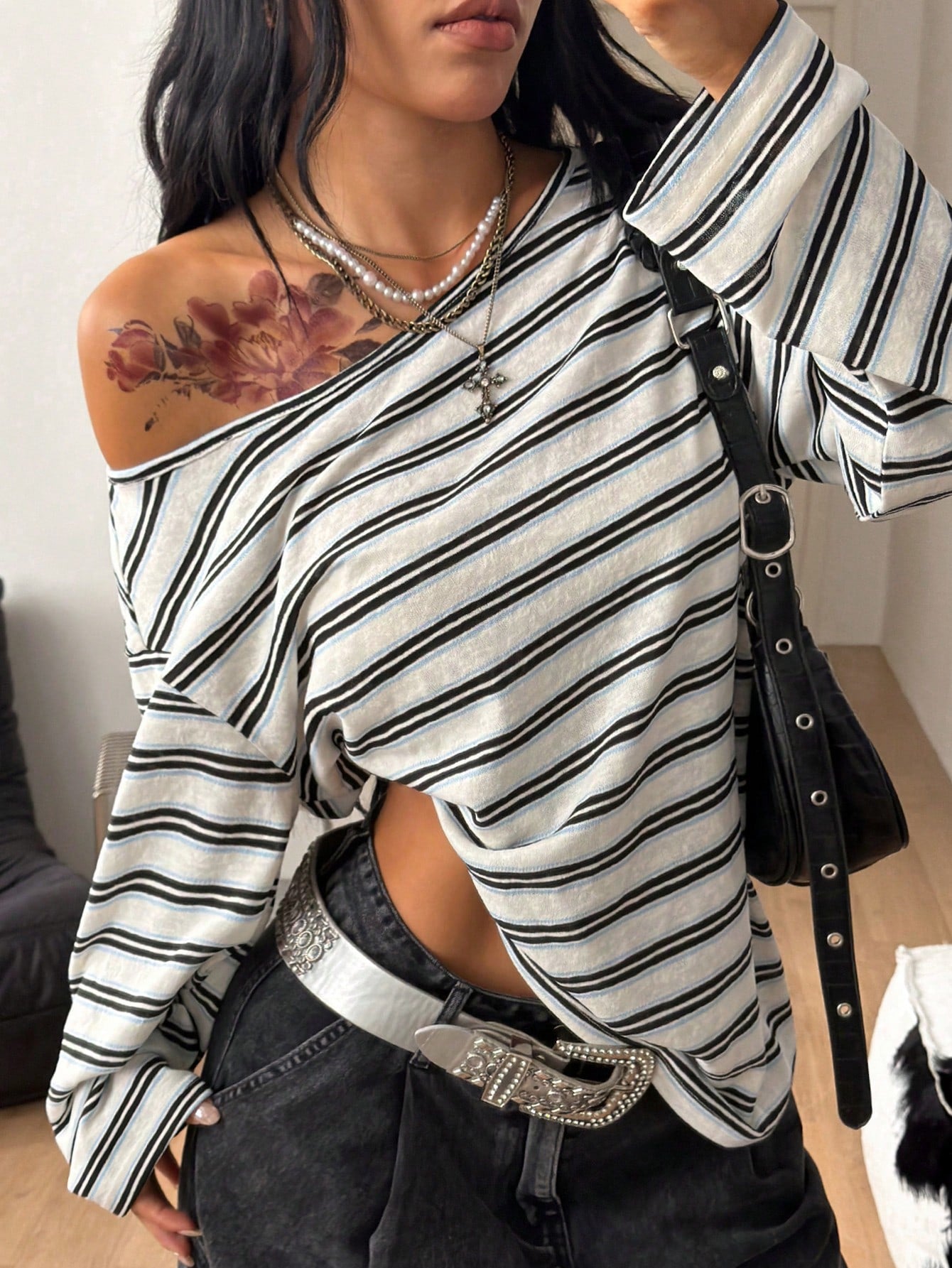 Coolane Women's Plus Size Summer Fall Streetwear Y2K Comfortable Oversize Black And White Stripe Asymmetrical Neck Knit Open Shoulder Long Sleeve T-Shirt