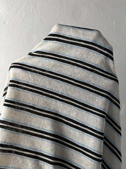 Coolane Women's Plus Size Summer Fall Streetwear Y2K Comfortable Oversize Black And White Stripe Asymmetrical Neck Knit Open Shoulder Long Sleeve T-Shirt