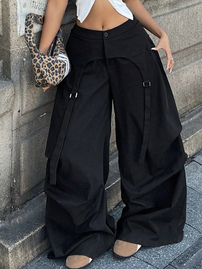 Coolane Women's Spring Streetwear Chic Y2K Casual Black Baggy Asymmetric Fake Two-Piece Parachute Pants