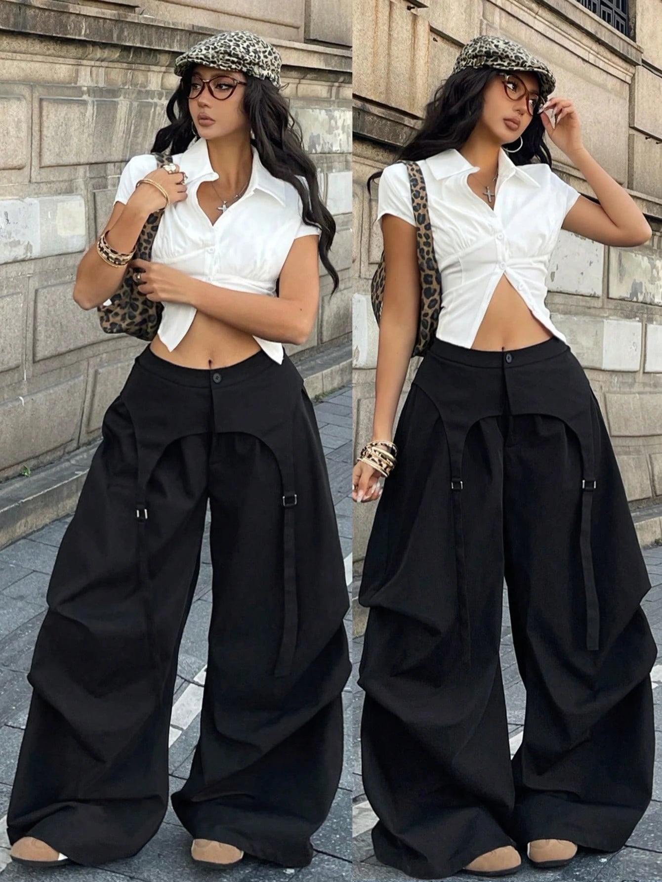 Coolane Women's Spring Streetwear Chic Y2K Casual Black Baggy Asymmetric Fake Two-Piece Parachute Pants