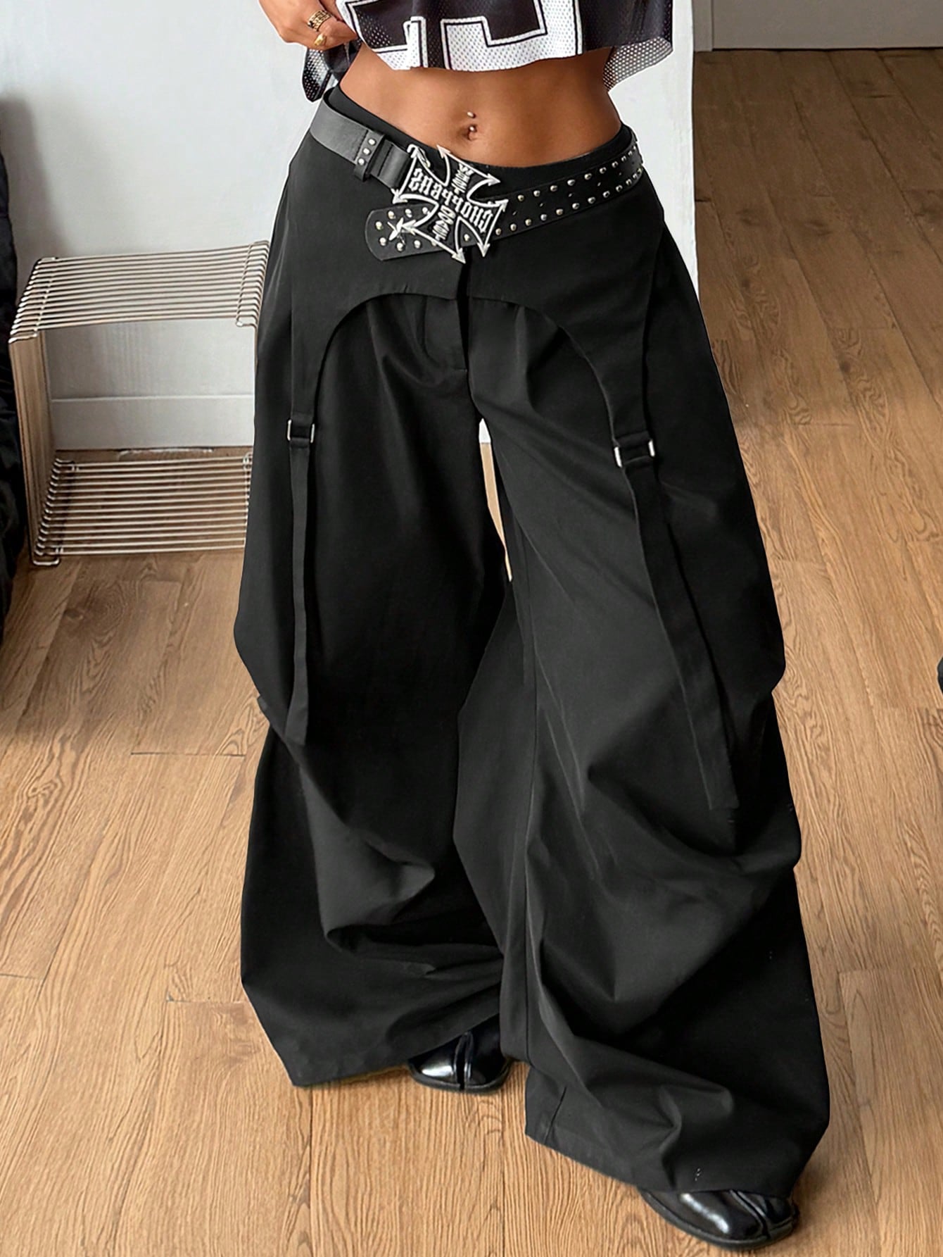Coolane Women's Spring Streetwear Chic Y2K Casual Black Baggy Asymmetric Fake Two-Piece Parachute Pants