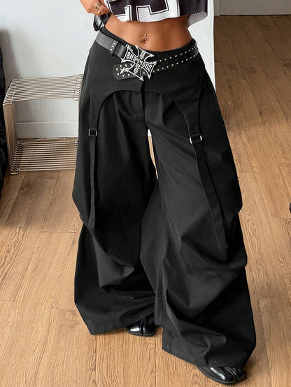 Coolane Women's Spring Streetwear Chic Y2K Casual Black Baggy Asymmetric Fake Two-Piece Parachute Pants