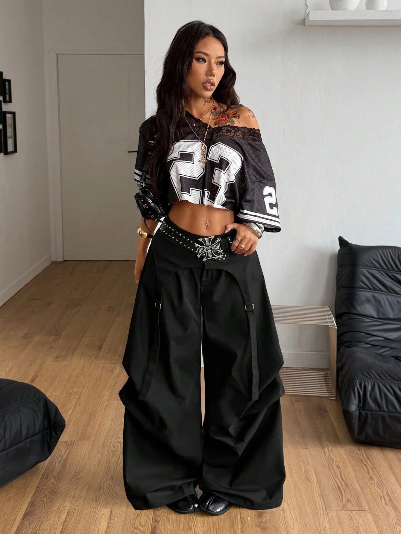 Coolane Women's Spring Streetwear Chic Y2K Casual Black Baggy Asymmetric Fake Two-Piece Parachute Pants