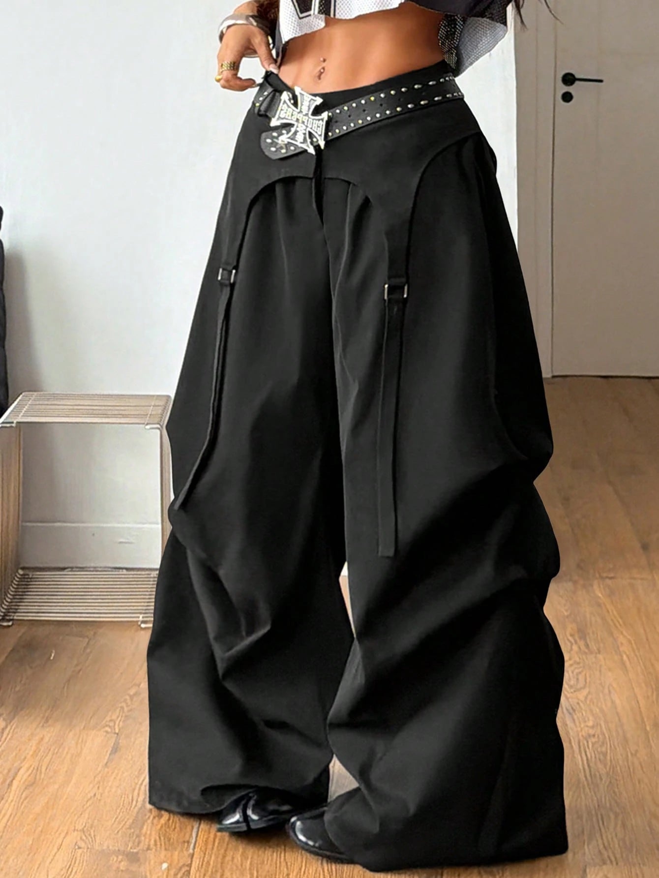 Coolane Women's Spring Streetwear Chic Y2K Casual Black Baggy Asymmetric Fake Two-Piece Parachute Pants