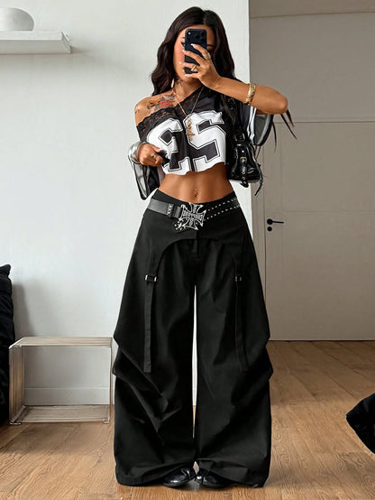 Coolane Women's Spring Streetwear Chic Y2K Casual Black Baggy Asymmetric Fake Two-Piece Parachute Pants