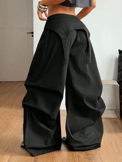 Coolane Women's Spring Streetwear Chic Y2K Casual Black Baggy Asymmetric Fake Two-Piece Parachute Pants