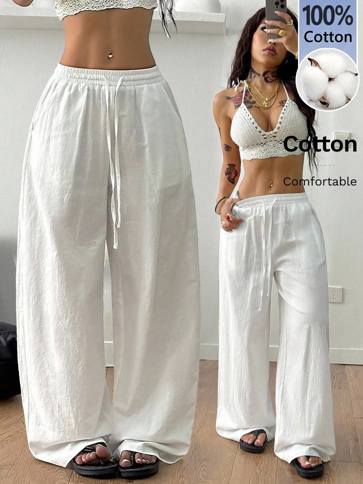 Coolane Women's Summer Country Concert Going Out Boho Beach Vacation Basic Minimalist Washed 100% Cotton White Pants Curved Hem Pants, Fall Women Clothes