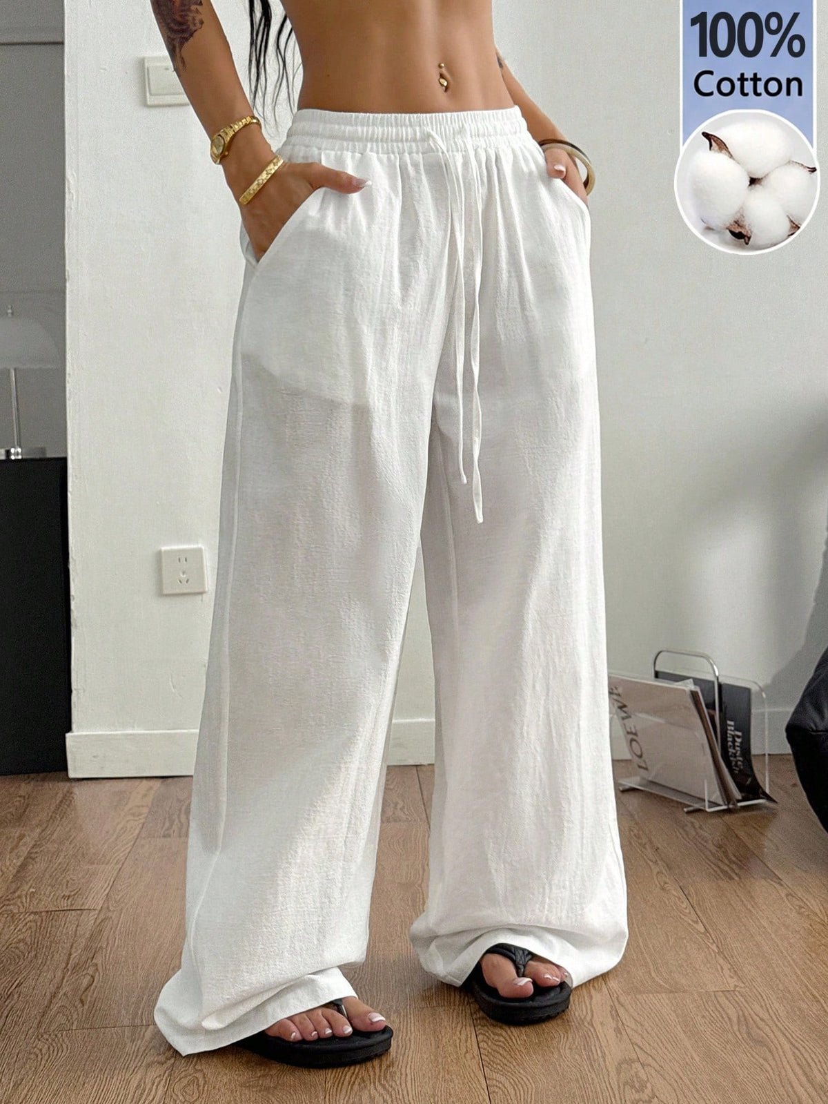 Coolane Women's Summer Country Concert Going Out Boho Beach Vacation Basic Minimalist Washed 100% Cotton White Pants Curved Hem Pants, Fall Women Clothes