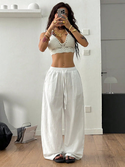 Coolane Women's Summer Country Concert Going Out Boho Beach Vacation Basic Minimalist Washed 100% Cotton White Pants Curved Hem Pants, Fall Women Clothes