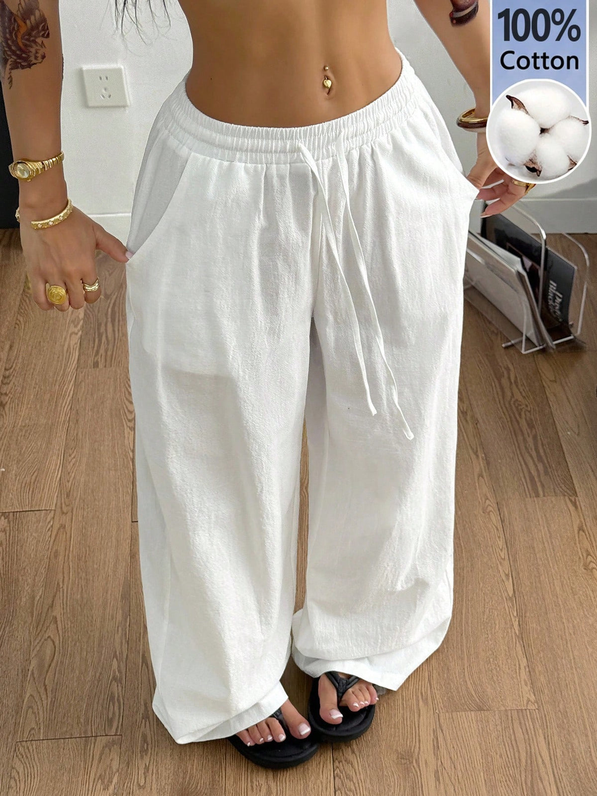 Coolane Women's Summer Country Concert Going Out Boho Beach Vacation Basic Minimalist Washed 100% Cotton White Pants Curved Hem Pants, Fall Women Clothes