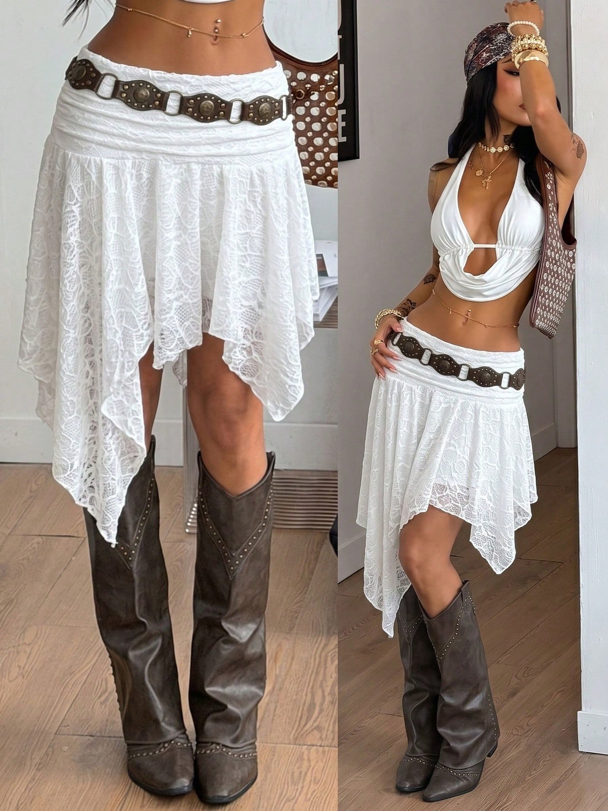 Coolane Women's Summer Streetwear Casual Vacation Country Concert Hippie Boho Western Wear Knit Textured Pleated White Asymmetric Hem Skirt