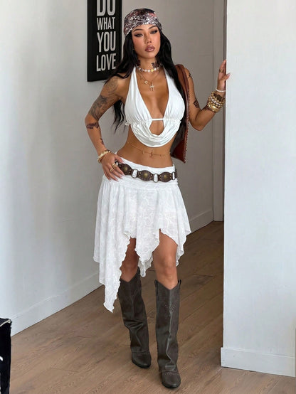 Coolane Women's Summer Streetwear Casual Vacation Country Concert Hippie Boho Western Wear Knit Textured Pleated White Asymmetric Hem Skirt