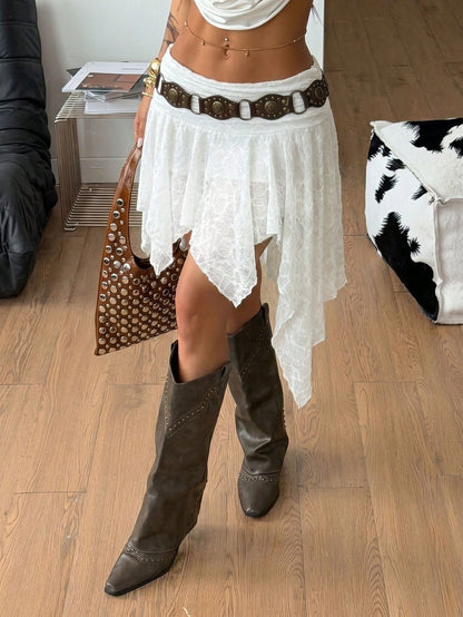 Coolane Women's Summer Streetwear Casual Vacation Country Concert Hippie Boho Western Wear Knit Textured Pleated White Asymmetric Hem Skirt