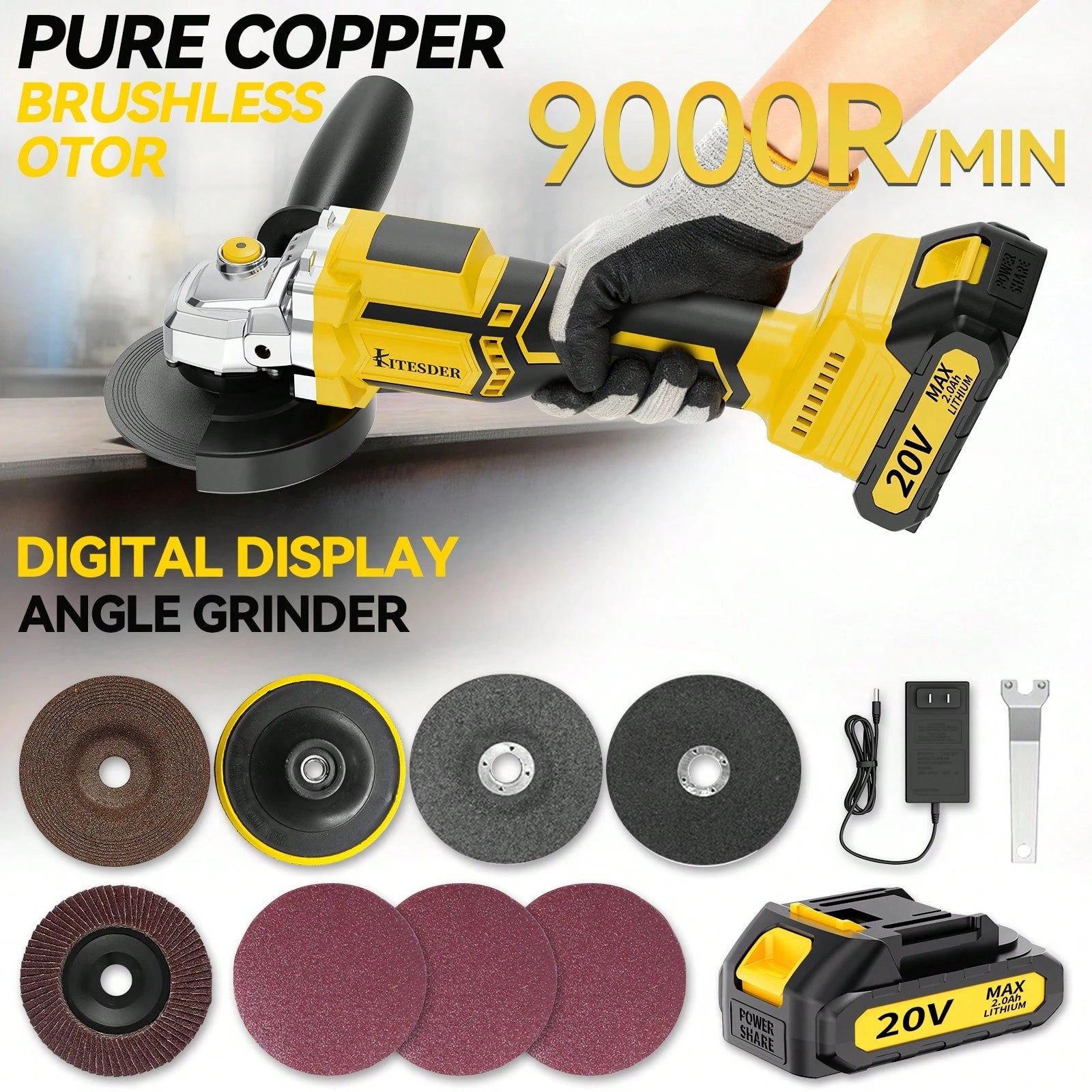 Cordless Angle Grinder With 2.0Ah Battery, A Multi-Purpose Machine. 20V Brushless Motor 4-1/2" 11000 RPM, 6 Dics For Cutting, Grinding And Polishing