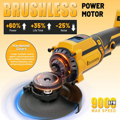 Cordless Angle Grinder With 2.0Ah Battery, A Multi-Purpose Machine. 20V Brushless Motor 4-1/2" 11000 RPM, 6 Dics For Cutting, Grinding And Polishing