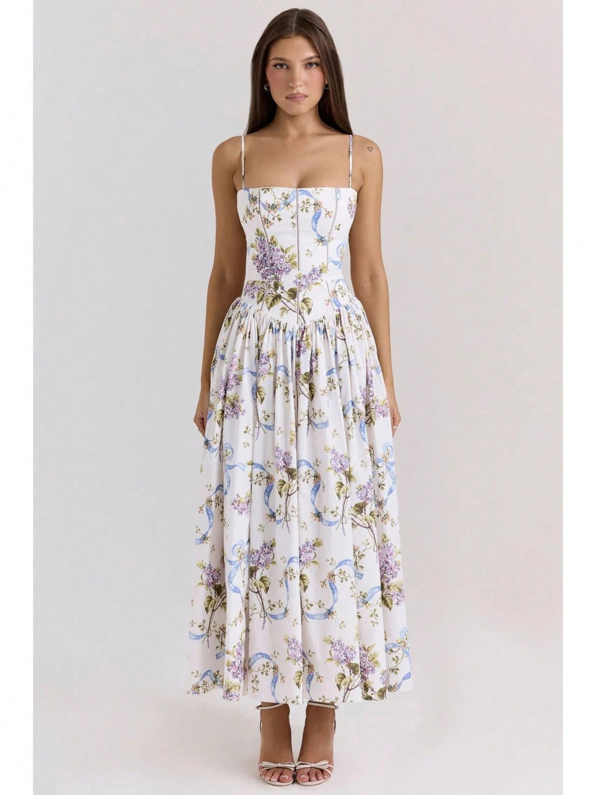 Corset Bustier Midi Dress Set, Spaghetti Strap & Puff Sleeve White Floral Sundress, A-Line Casual & Formal Gown