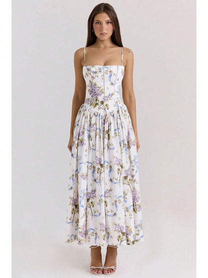 Corset Bustier Midi Dress Set, Spaghetti Strap & Puff Sleeve White Floral Sundress, A-Line Casual & Formal Gown