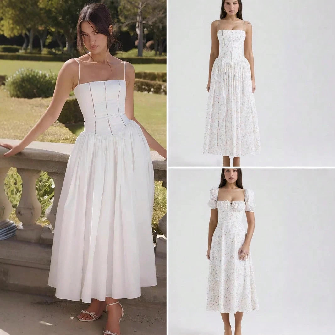 Corset Bustier Midi Dress Set, Spaghetti Strap & Puff Sleeve White Floral Sundress, A-Line Casual & Formal Gown