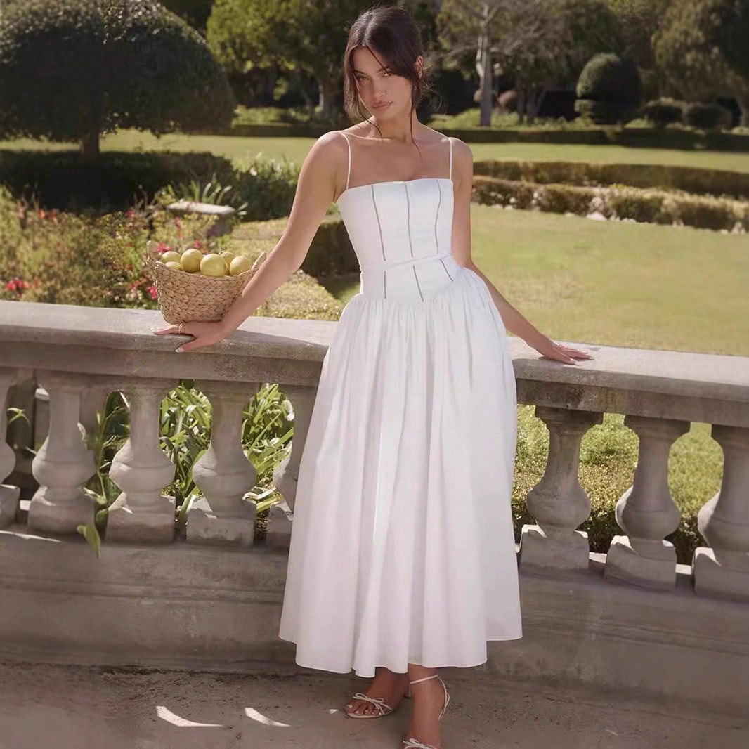 Corset Bustier Midi Dress Set, Spaghetti Strap & Puff Sleeve White Floral Sundress, A-Line Casual & Formal Gown
