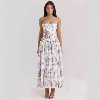 Corset Bustier Midi Dress Set, Spaghetti Strap & Puff Sleeve White Floral Sundress, A-Line Casual & Formal Gown
