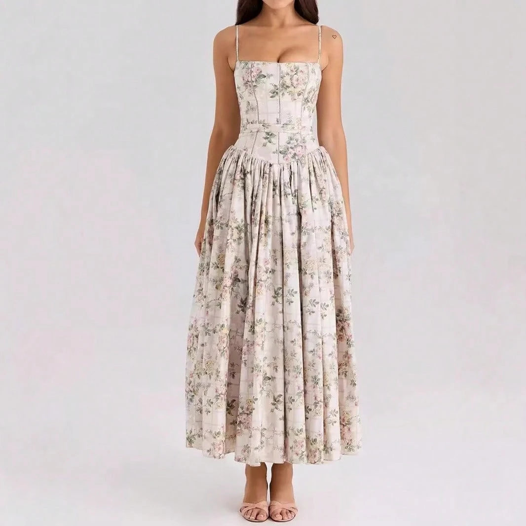 Corset Bustier Midi Dress Set, Spaghetti Strap & Puff Sleeve White Floral Sundress, A-Line Casual & Formal Gown