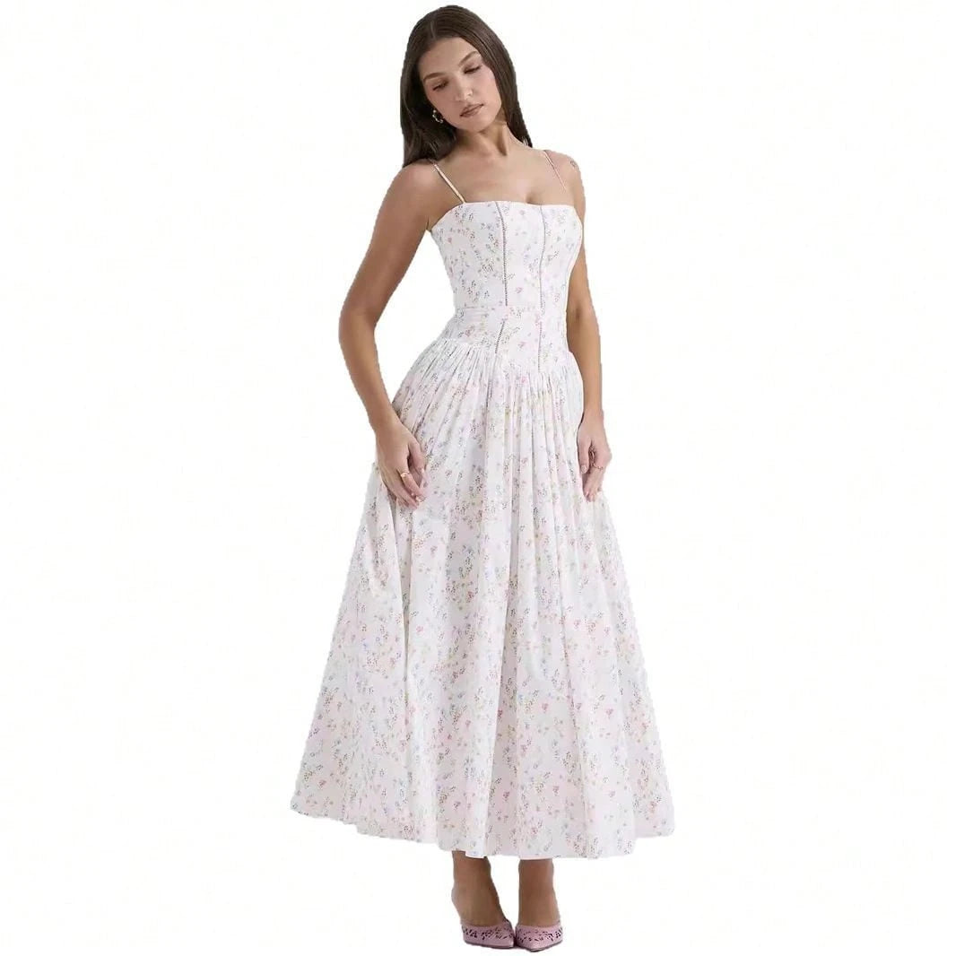 Corset Bustier Midi Dress Set, Spaghetti Strap & Puff Sleeve White Floral Sundress, A-Line Casual & Formal Gown