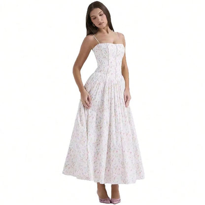 Corset Bustier Midi Dress Set, Spaghetti Strap & Puff Sleeve White Floral Sundress, A-Line Casual & Formal Gown