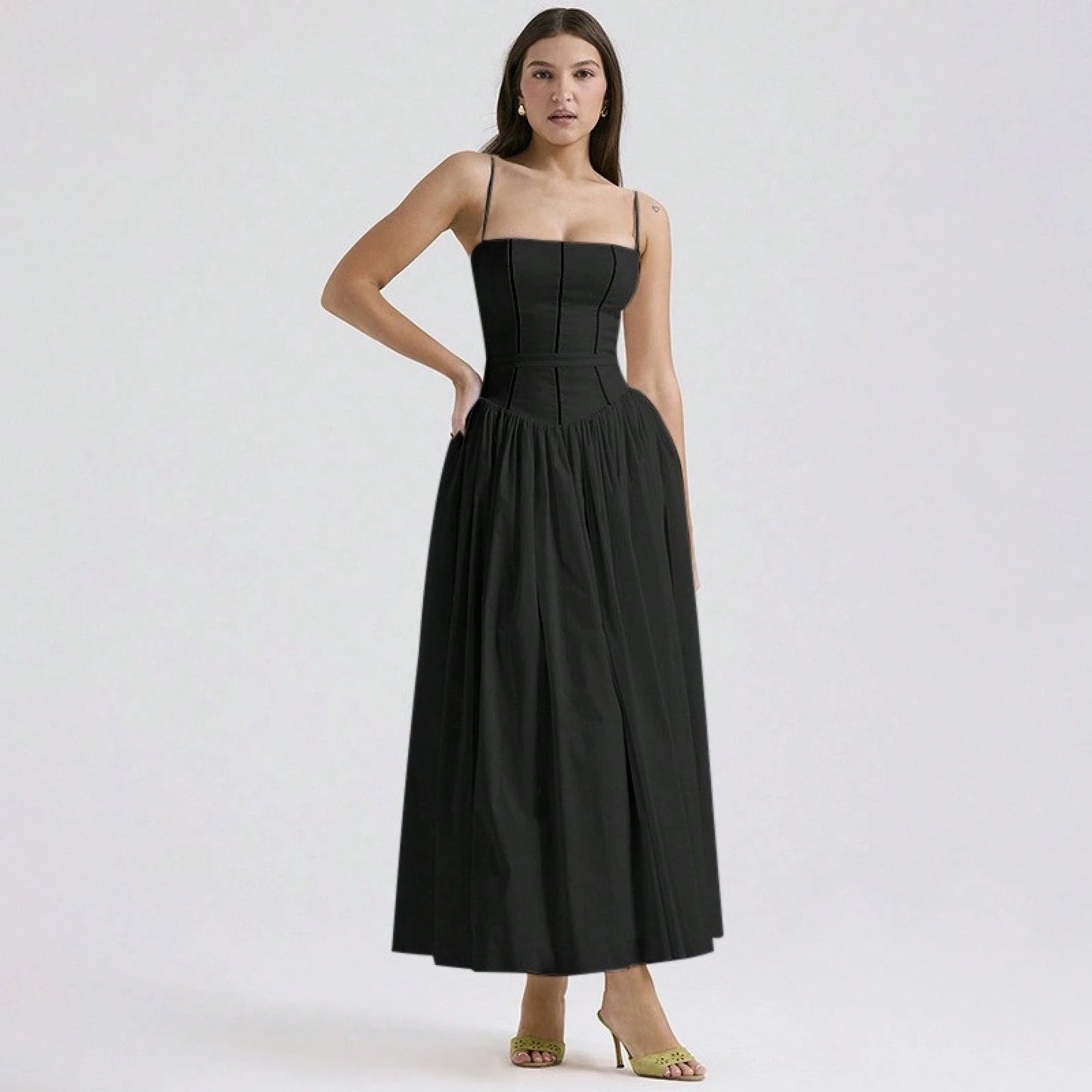 Corset Bustier Midi Dress Set, Spaghetti Strap & Puff Sleeve White Floral Sundress, A-Line Casual & Formal Gown
