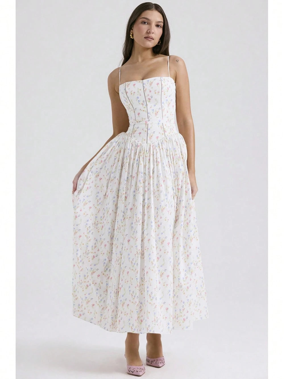 Corset Bustier Midi Dress Set, Spaghetti Strap & Puff Sleeve White Floral Sundress, A-Line Casual & Formal Gown